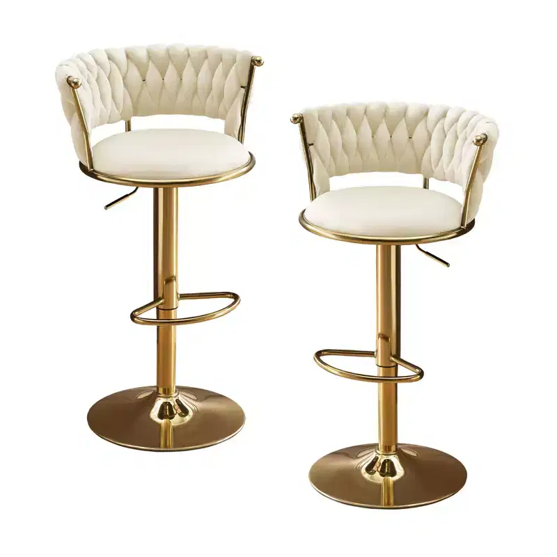 HomeRoots Set of Two Beige and Gold Velvet and Metal Low Back Adjustable Height Swivel Bar Chairs