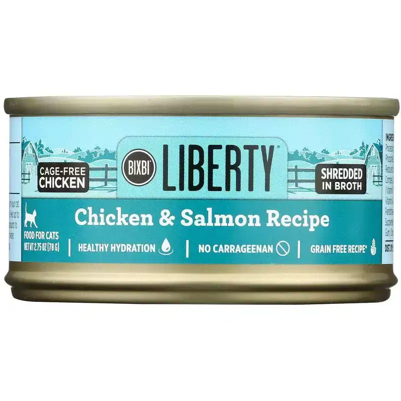 Bixbi Liberty Shredded Chicken and Salmon in Broth Cat Food - Case of 24/2.75 oz