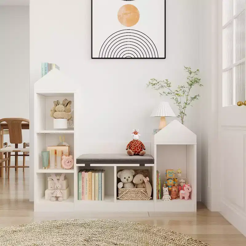 Kids Bookcase, Toy Storage Organizer with Seat, Kids Bookshelf, Wooden Storage Bench Playhouse Cabinet for Kids Room, Playroom, Classroom, Nursery