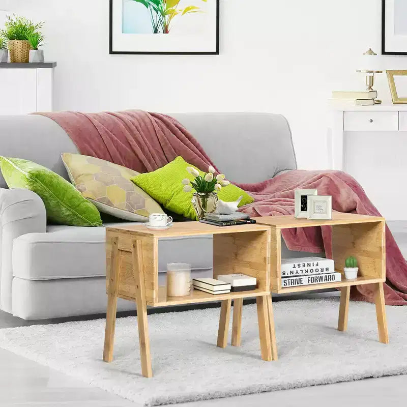 Costway Set of 2 Bamboo Nightstand Stackable Sofa Table Bedside Table with Storage Shelf