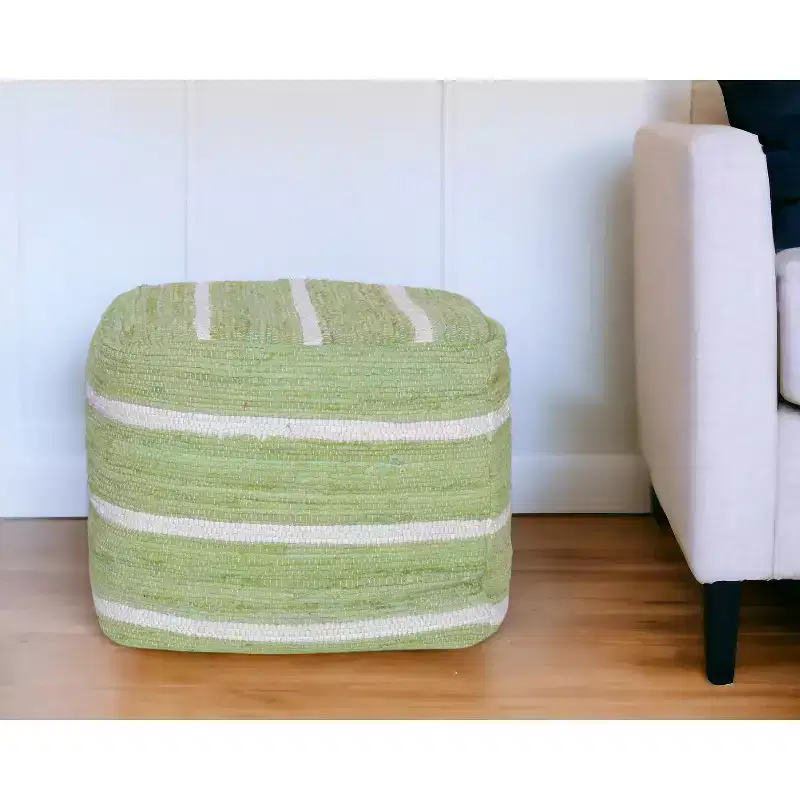18 Green And White Cotton Cube Striped Pouf Ottoman
