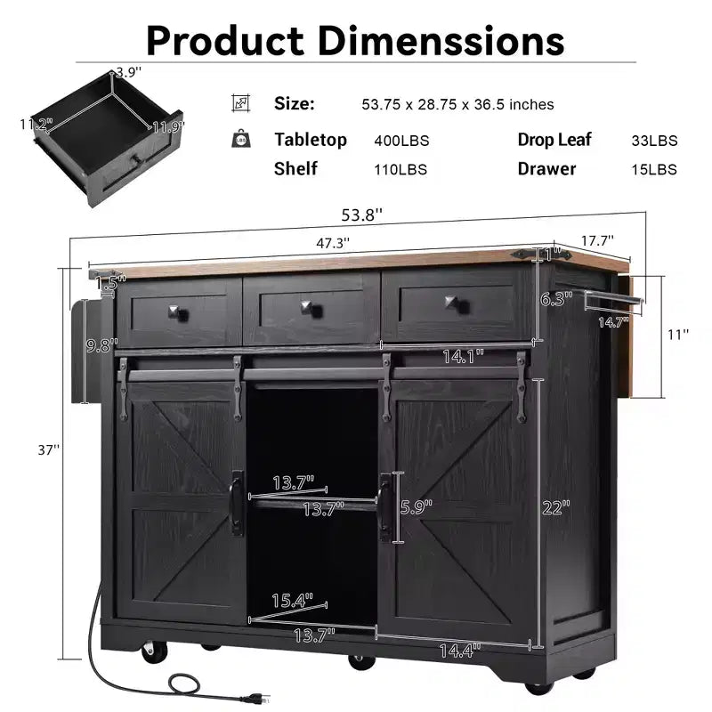 sumyeg 53.7 Rolling Kitchen Cart with Barn Doors, Drop Leaf, Power Outlet and Spice Rack (No Stools)