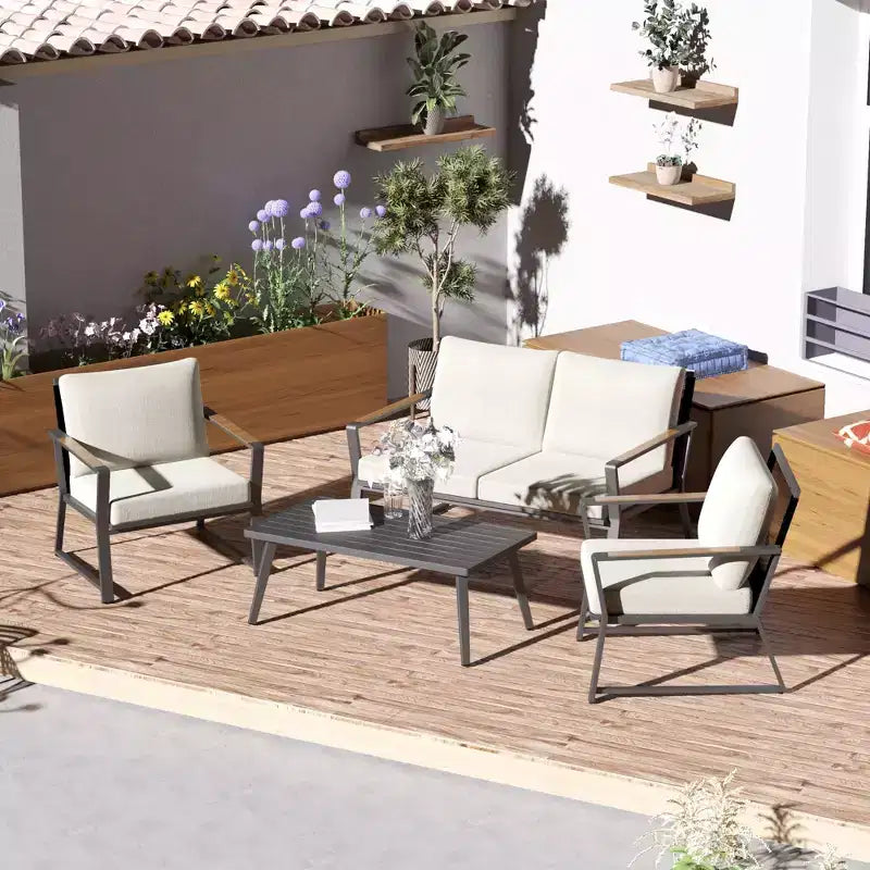 Outsunny 4 Piece Patio Furniture Set, Aluminum Conversation Set, Outdoor Garden Sofa Set with Armchairs, Loveseat, Center Coffee Table and Cushions
