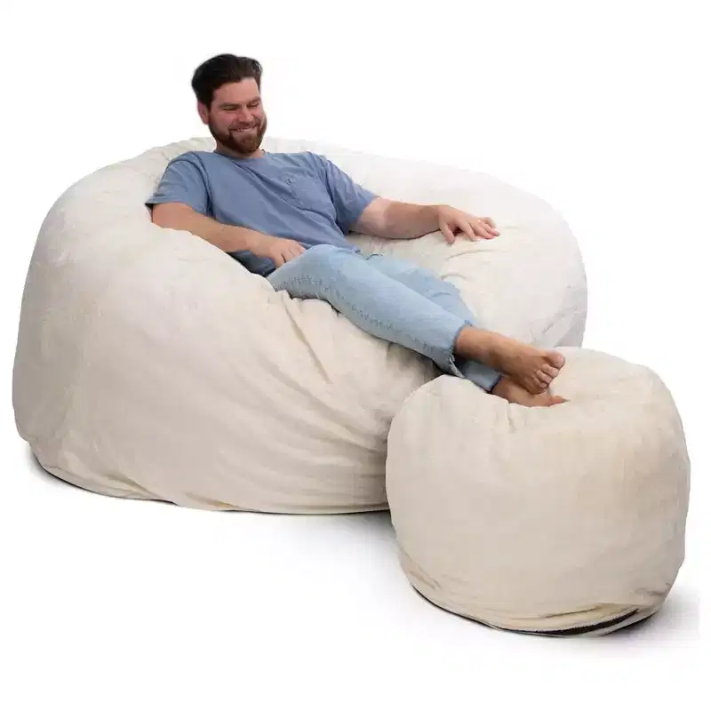 Ultimate Sack 6ft Bean Bag Chair and Footstool, Oversized Lounger, Ivory Fur
