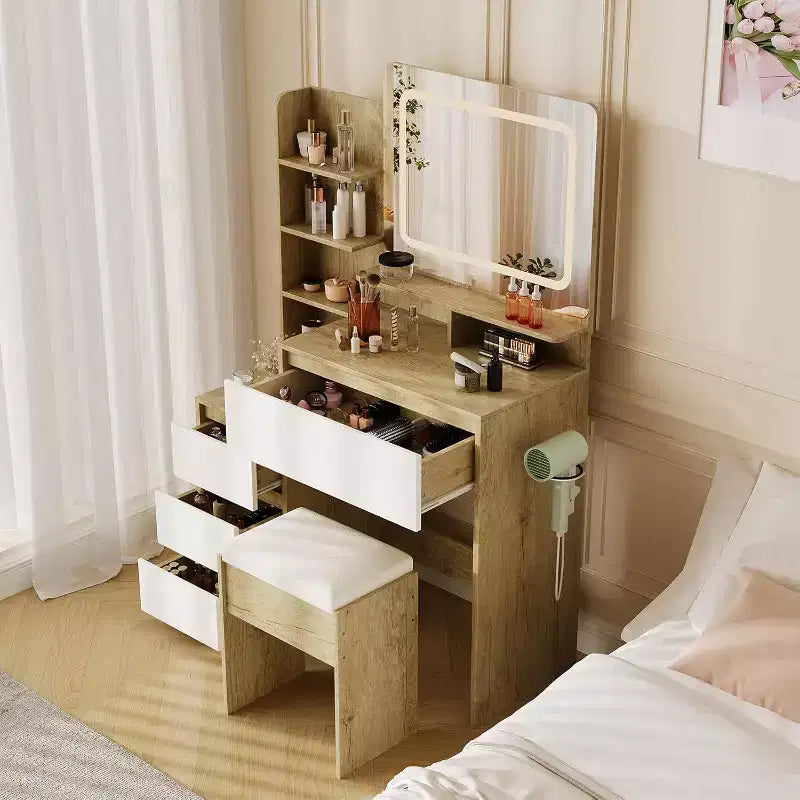 Makeup Vanity Desk with Mirror and Lights with Drawers, Stool, Dressing Table for Bedroom, Women