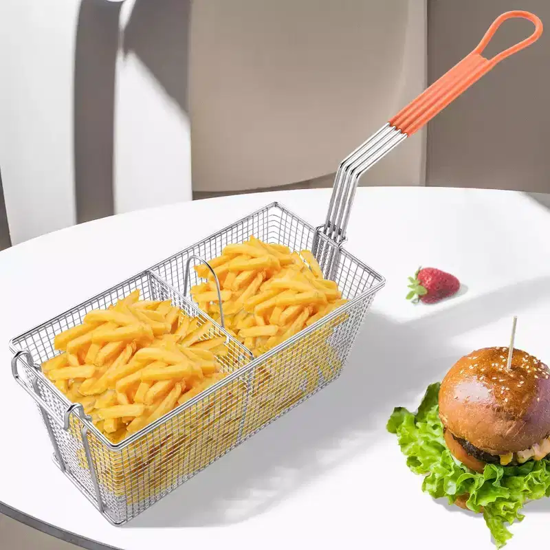WeChef 2 Packs Deep Fryer Basket with Divider Heavy Duty Construction Fryer Basket with Non-slip Handle for Commercial Restaurant Roadside Stall Red
