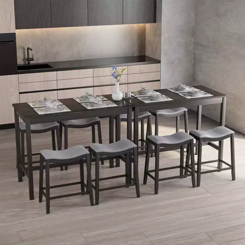 Costway 5PCS Bar Table Set Counter Height Table & Upholstered Saddle Stools Set for 4