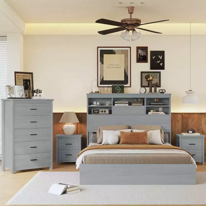 4-Piece Bedroom Sets, Queen Size Vintage Wooden Bed Frame with 2 Nightstands and 1 Dresser 4Q - ModernLuxe