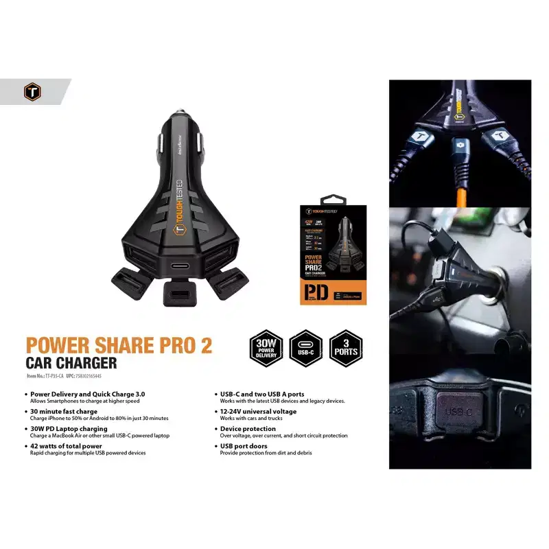 ToughTested Powershare Pro 30W 3X High Speed USB C/A Car Charger with Removable Dust Cover
