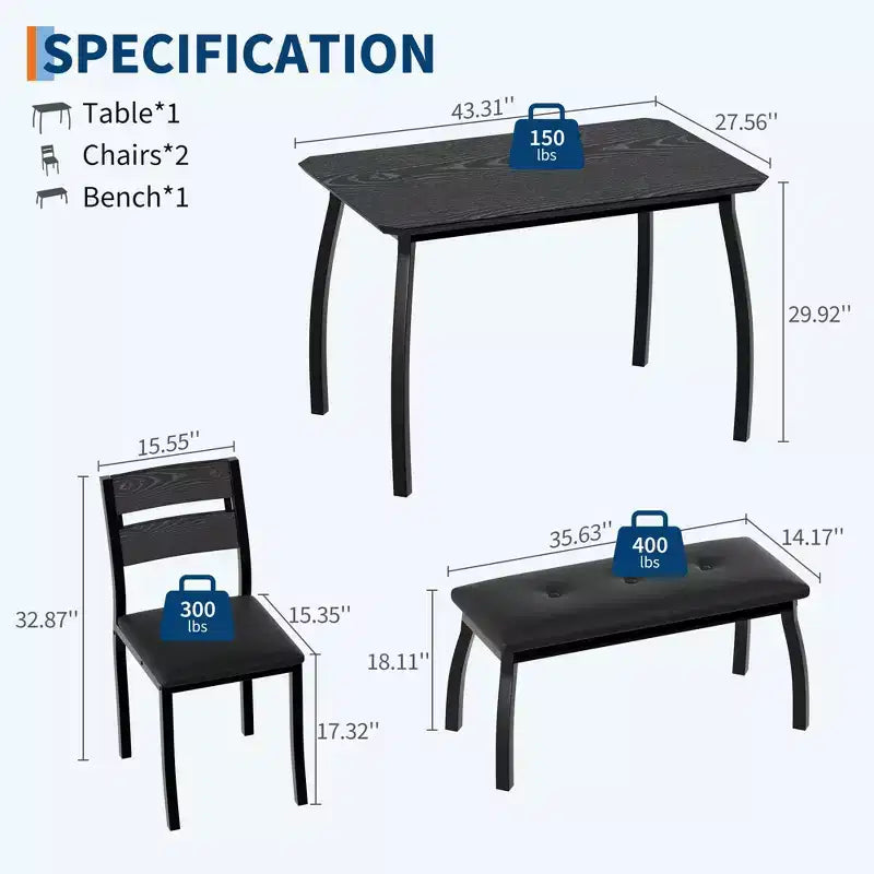 4-Piece Farmhouse Dining Set, Compact Table with 2 Benches for Kitchen Breakfast Nook, Black