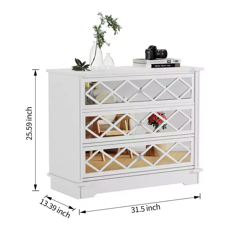 3 Drawer Dresser, Chest of Drawer with Decorative Mirror, Modern Accent Dresser with Wide Storage, Functional Organizer