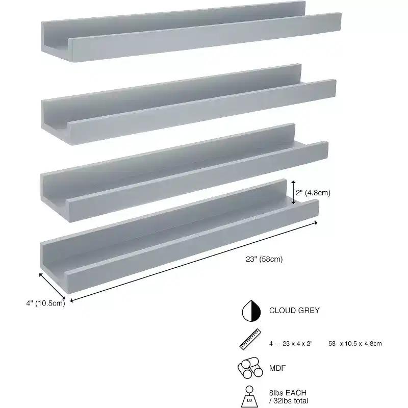 Kiera Grace (Set of 4) 23"x4" Drea Wall Shelves Cloud Gray: MDF Floating Decor, Includes Mounting Hardware