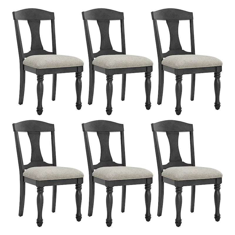 7 Pcs Solid Wood Dining Table Set, , Kitchen Extendable Dining Table Set with Curved Table and 6 Upholstered Chairs
