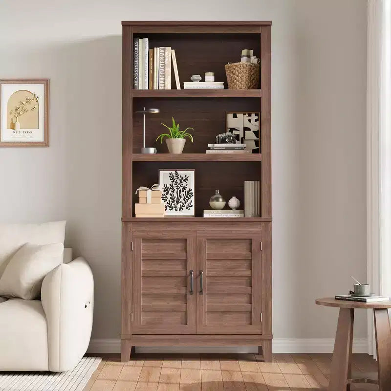 Bookcase with Door 5 Tier Storage Bookshelf Wooden Farmhouse Bookshelves Rustic Vintage Etagere Walnut Cabinet for Home Office,Living Room,Bed Room