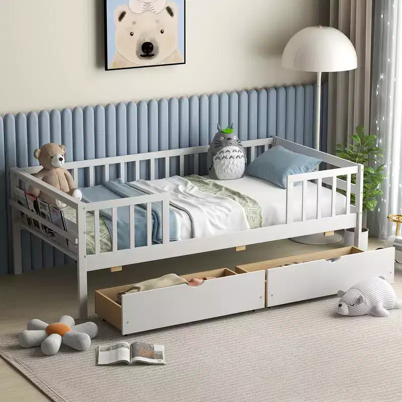 Costway Twin Size Kids Bed w/ Storage 2 Pull-out Drawers Side Shelf for Children & Teens