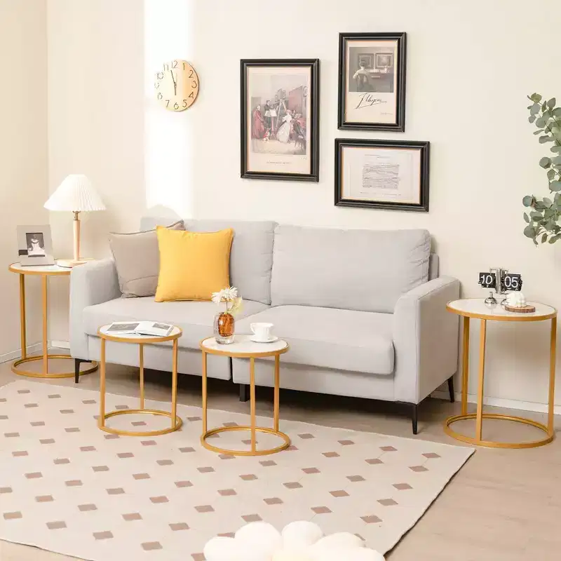 Costway 2PCS Marble Top Round Side Table 19.5x19.5 End Table w/Golden Metal Frame Gold