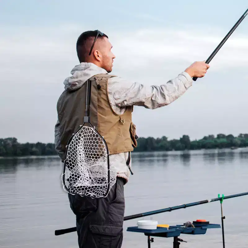 Black Rubber-Coated Wood Handle for Fishing Nets C Compact & Portable Design for Outdoor/Camping Use (Select Size Available)