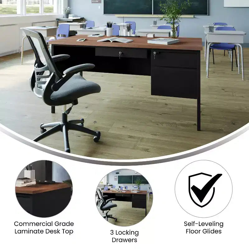 Flash Furniture Cambridge Commercial Grade Single Pedestal Desk with Locking Drawers and Metal Frame