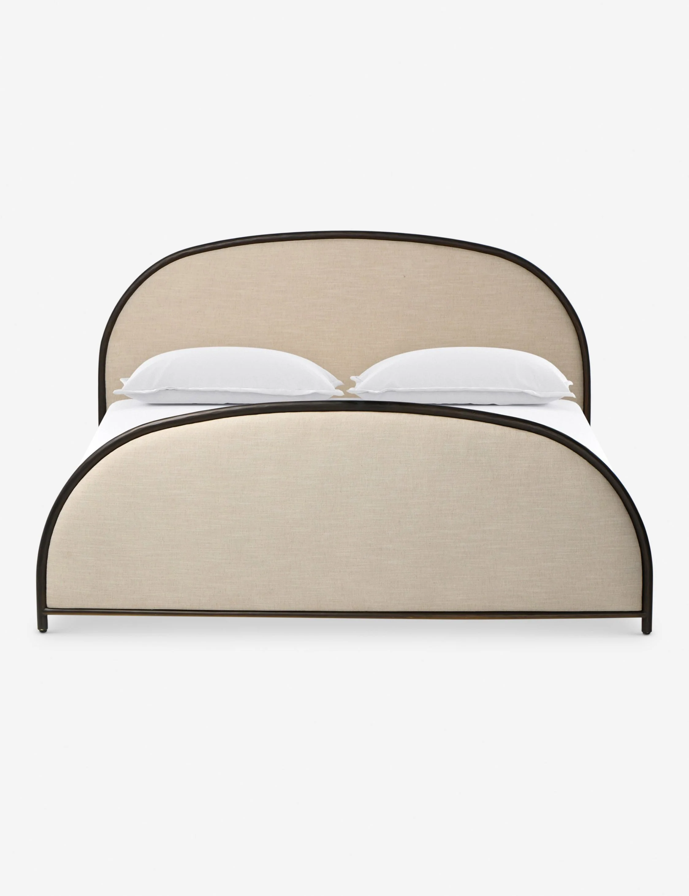 Platform Bed - Architectural curves define the bed, featuring a sculpted half-crescent headboard and footboard framed in dark metal