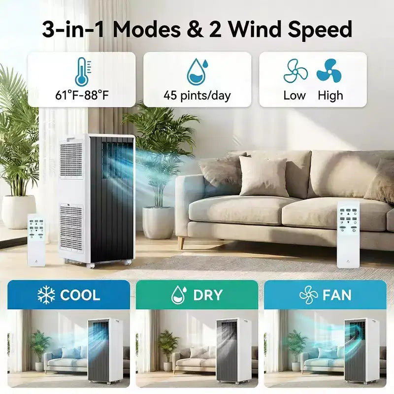 Portable Air Conditioner 8,000 BTU, Cools Rooms Up to 350 Sq. Ft, Dehumidifier, Fan, Sleep Mode, Remote Control, Quiet AC Unit with Window Mount Kit