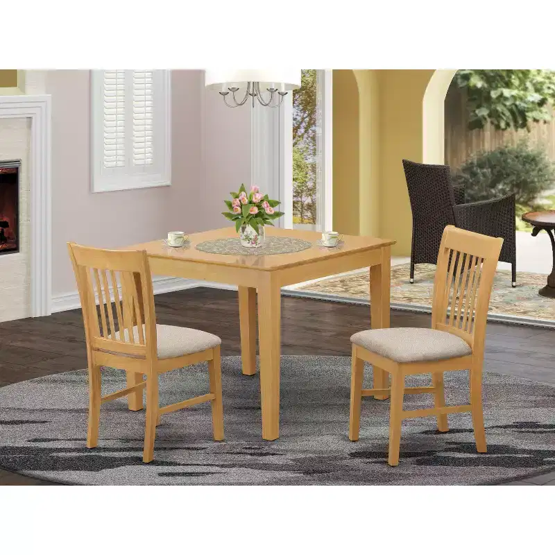 Square Dining Set - 36 Inch Kitchen Table with 2 Linen Chairs - Oak Finish