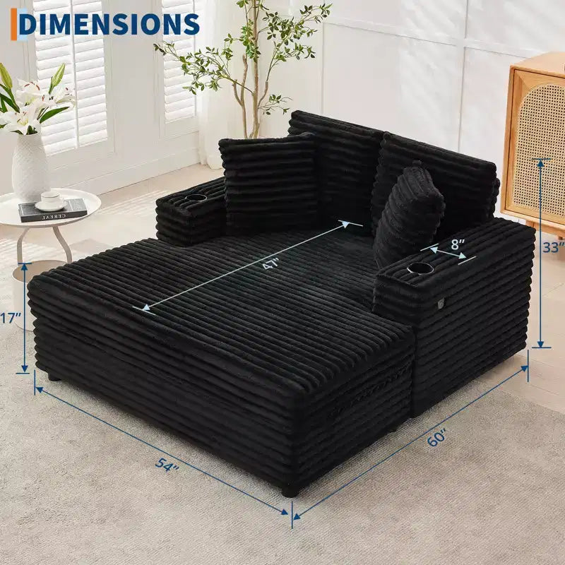 COZONY 60 Oversized Corduroy Chaise Lounge Chair, Deep Seat Reading Couch with Cup Holder & Throw Pillows for Living Room or Bedroom