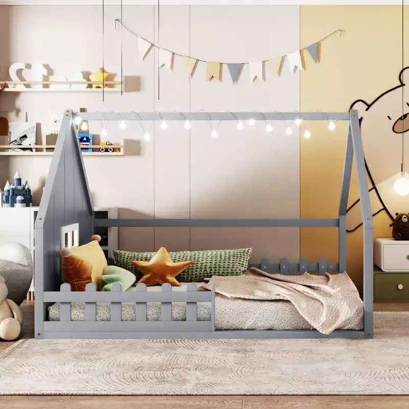 Okak Full Size Bed Frame with Storage Headboard, Solid Wood Full Wood House Platform Bed with Window and Fence for Bedroom, Gray