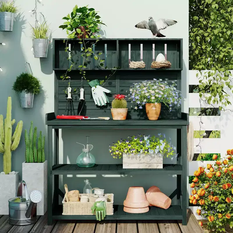 Whisen Large Rustic Farmhouse Wooden Potting Bench Table, Patio Workstation with Storage Shelves and Side Hook