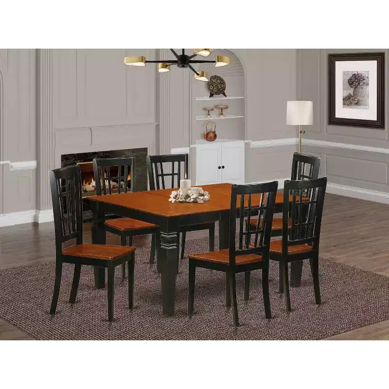 HomeStock 7-Piece Black and Cherry Finish Solid Wood Top Dining Table with 6 Chairs