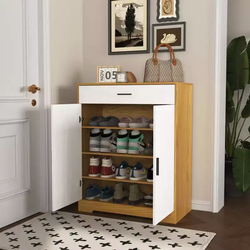 JVNOXK Four-tier shoe rack, freestanding wooden shoe cabinet, featuring two white cabinet doors and adjustable shelves, ideal for entryways