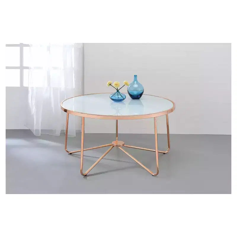 Coffee Table Frosted Rose Gold - Acme Furniture: 18 High, Metal Frame, Non-Slip Glider