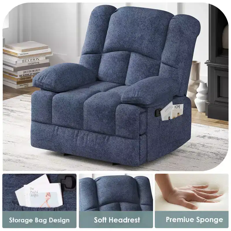 Blue Oversized Rocking Recliner Chair with Chenille Upholstery