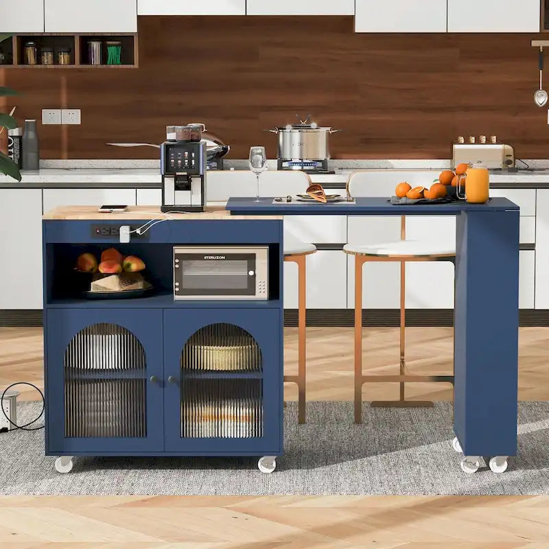 Rolling Kitchen Island with Extended Table Fluted Glass Doors Wine Rack and Power Outlet