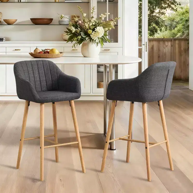 Zeus & Ruta Modern Linen Upholstery Bar Stools Set of 2 with Back, Armrest & Wood Legs, Kitchen Island Height