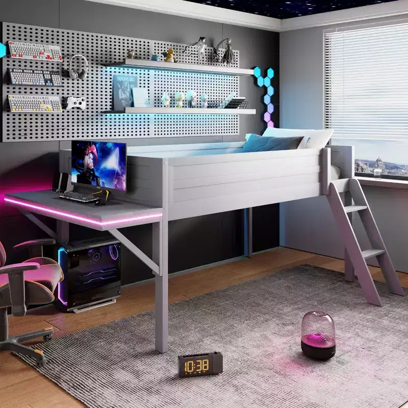Gray Gaming Loft Bed with Desk & LED, Twin/Full, 1-Person
