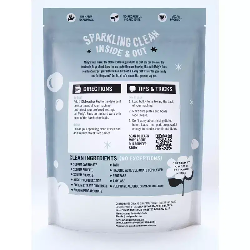 Molly's Suds Dish Pods - Unscented - 60ct: Dye-Free, Phosphate-Free, Vegan, Streak-Free Surface