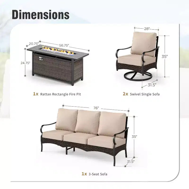 Captiva Designs 4pc Extra Large Metal and Rattan Outdoor Patio Fire Pit Set with Swivel Sofas