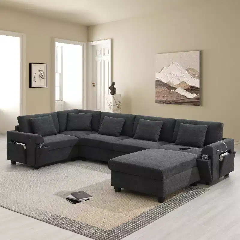 128*67 Inch 6-Seat U-Shaped Chenille Sectional Sofa with Ottoman, Storage, Cup Holders, USB Ports