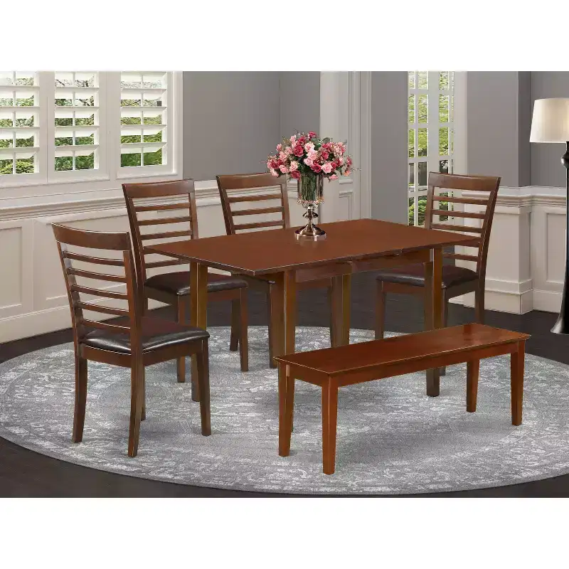 Victorian Dinette Set - 42/54 Dining Table with Leaf & 4 Faux Leather Chairs, Bench Included