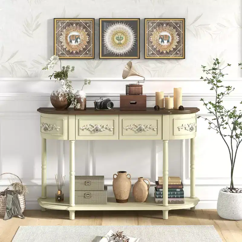 Costway 52 Long Sofa Table Retro Curved Console Table w/ Open Shelf Drawers Beige