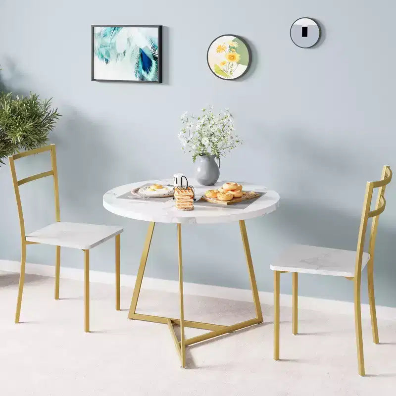 3-Piece Round Dining Set for 2, Kitchen Table Set with 2 Upholstered Chairs, Metal Frame & Wood Grain Tabletop, Kitchen Dining Furniture
