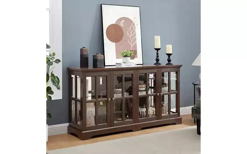 Curio Cabinet, Lighted Glass Display Cabinet w/ 4 Glass Doors & Adjustable Shelves, Lighted Showcase with Light Strip, TV Stand