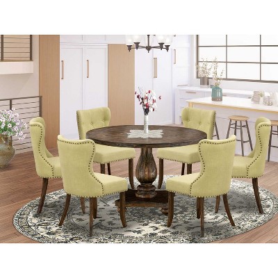 HomeStock 7-Piece Distressed Jacobean Finish Solid Wood Top Dining Table with 6-Parson Chairs