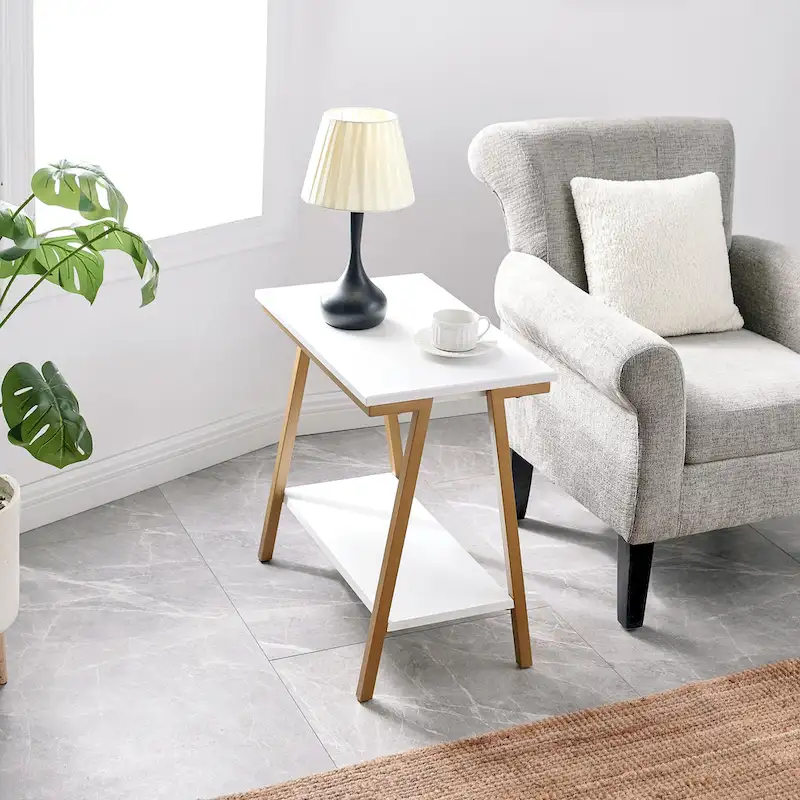 Narrow Wood Side Table with Metal Frame and Lower Shelf