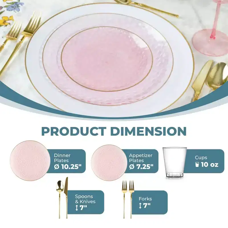 Posh Setting 420 Piece Pink And Gold Plastic Party Bundle - Organic Hammered (60 Settings)