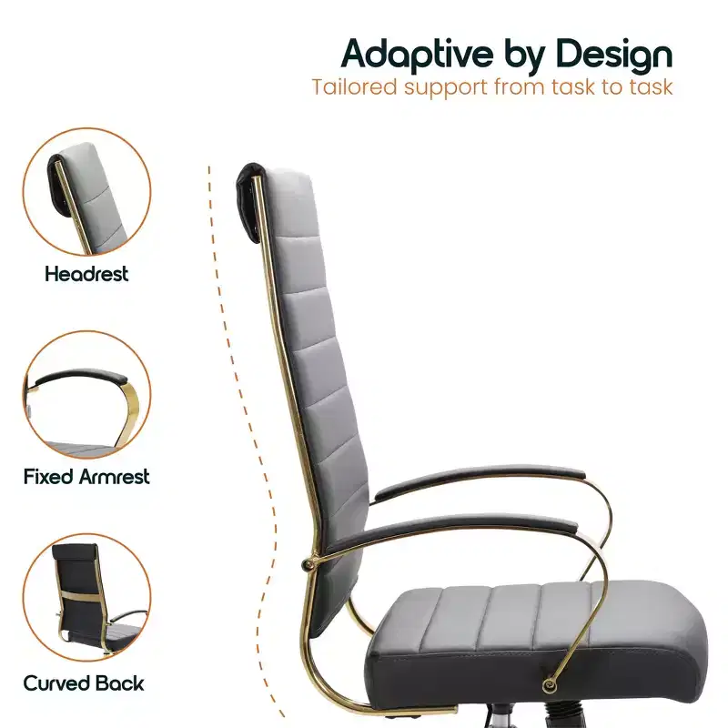 LeisureMod Benmar High-Back Ribbed Leather Office Chair - Modern Swivel & Tilt Executive Desk Chair - Gold Base