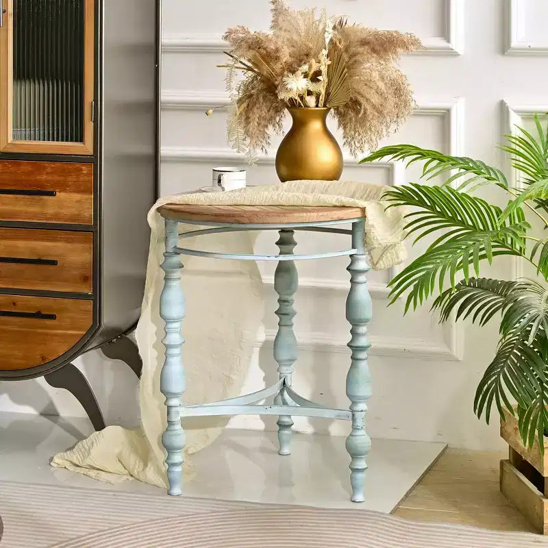 Blue & Brown Round Accent End Table with Metal Leg, 1-Person