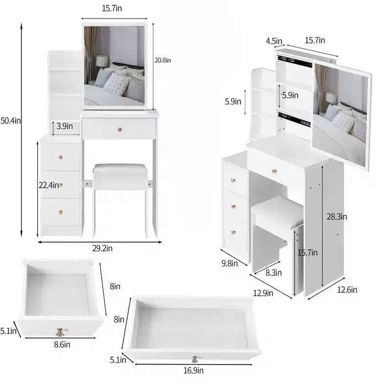 Okak Vanity Table and Chair Set and Cushioned Stool, 29.2 Compact Left-Side Bedside Dressing Table with Touch Sliding LED Mirror, White