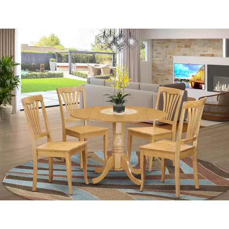 Round Dining Set - 5 Piece Table & Chair Set - 42 Kitchen Table with Dropleaf - Oak Finish