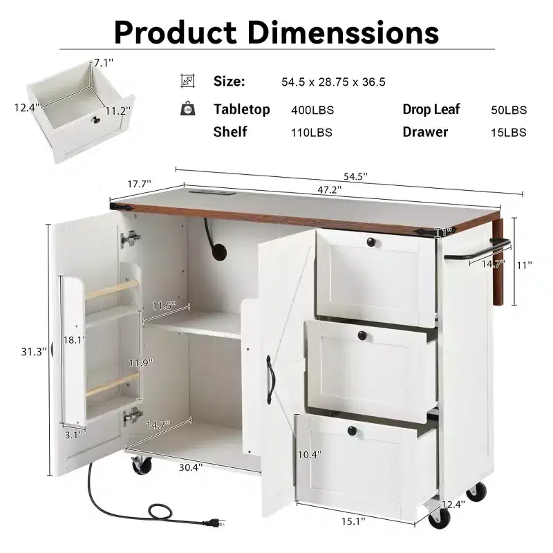 Whisen Farmhouse Style Kitchen Cart Island with Drop Leaf and Locking Wheels